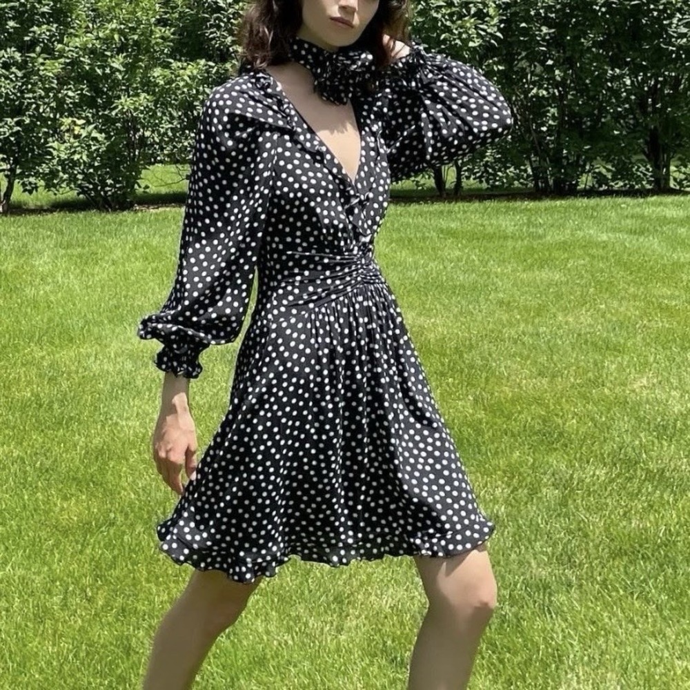 Emmanuel Ungaro Bella Polka Dot Long Sleeve Ruffle Chiffon‎ Dress Sz S